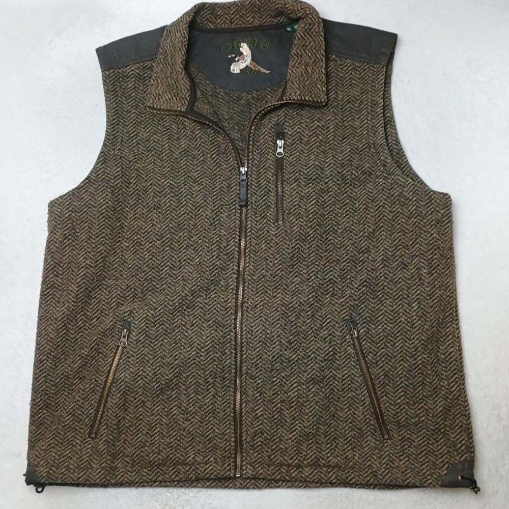 Orvis Vest Men XL Brown Herringbone Fleece Lined Full Zip Leather Trim 1856